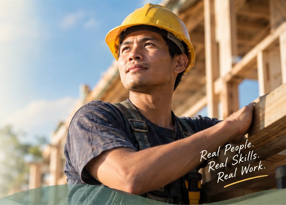 A Filipino construction worker in a yellow hard hat at a timber-frame worksite, with the words Real People. Real Skills. Real Work.